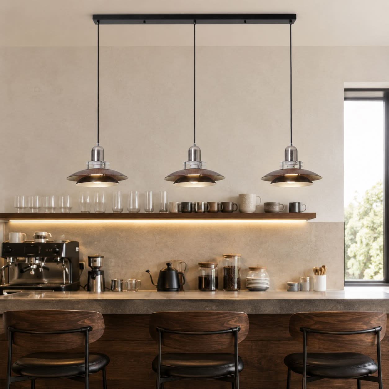 3-Light Walnut Iron Pendant Light | Adjustable E27 Ceiling Lamp