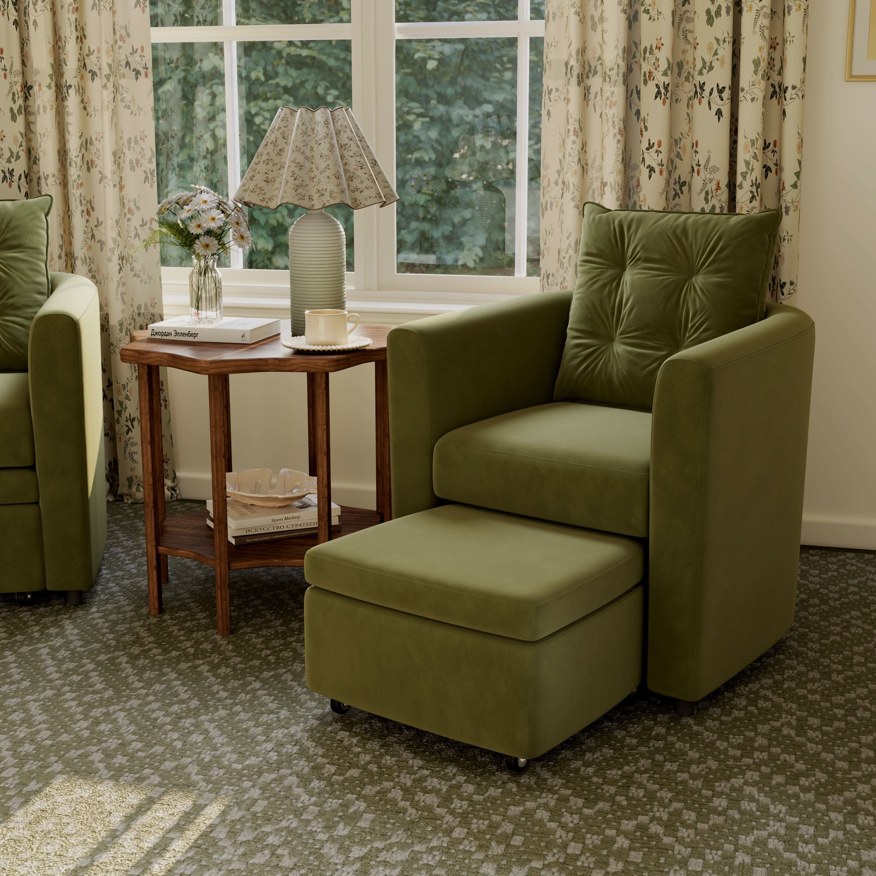 Cottonfy Green Velvet Armchair with Hidden Storage Footstool