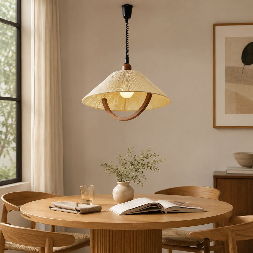 Natural Wood Curved Pendant Light | Cotton Cord Ceiling Lamp