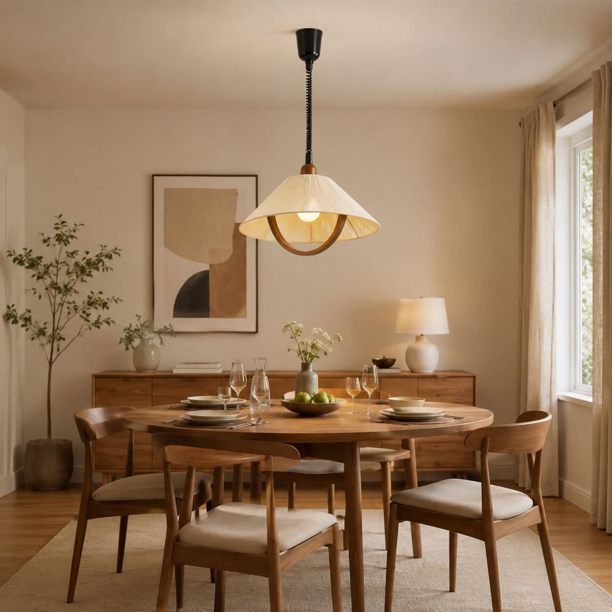 Natural Wood Curved Pendant Light | Cotton Cord Ceiling Lamp
