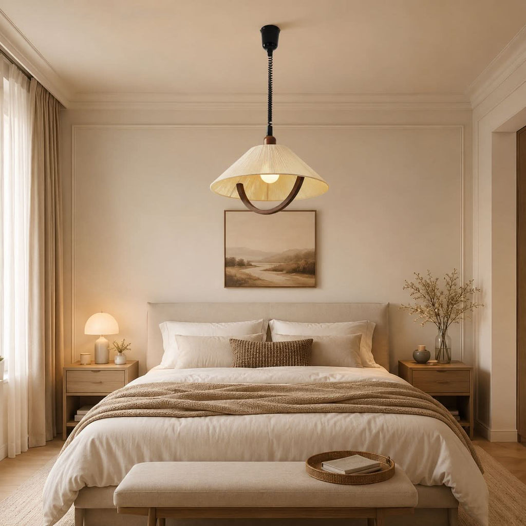 Natural Wood Curved Pendant Light | Cotton Cord Ceiling Lamp