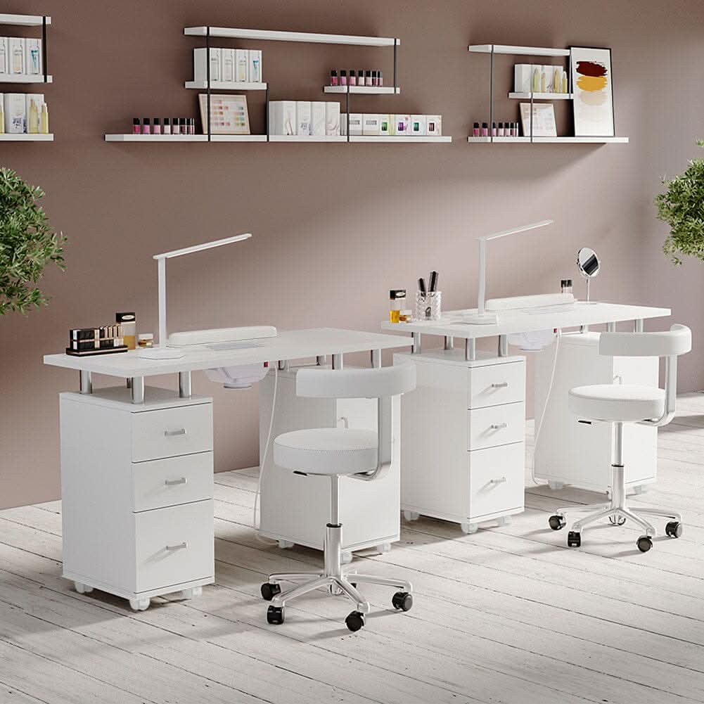 120cm W White Professional Manicure Station Nail Table on Wheels with Dust Collector