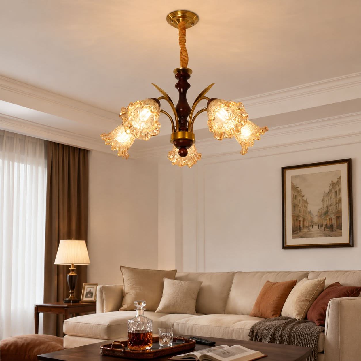 5-Light Vintage Glass Flower Chandelier | Copper E27 Pendant Lamp