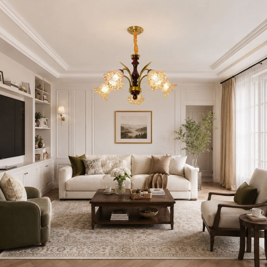 5-Light Vintage Glass Flower Chandelier | Copper E27 Pendant Lamp