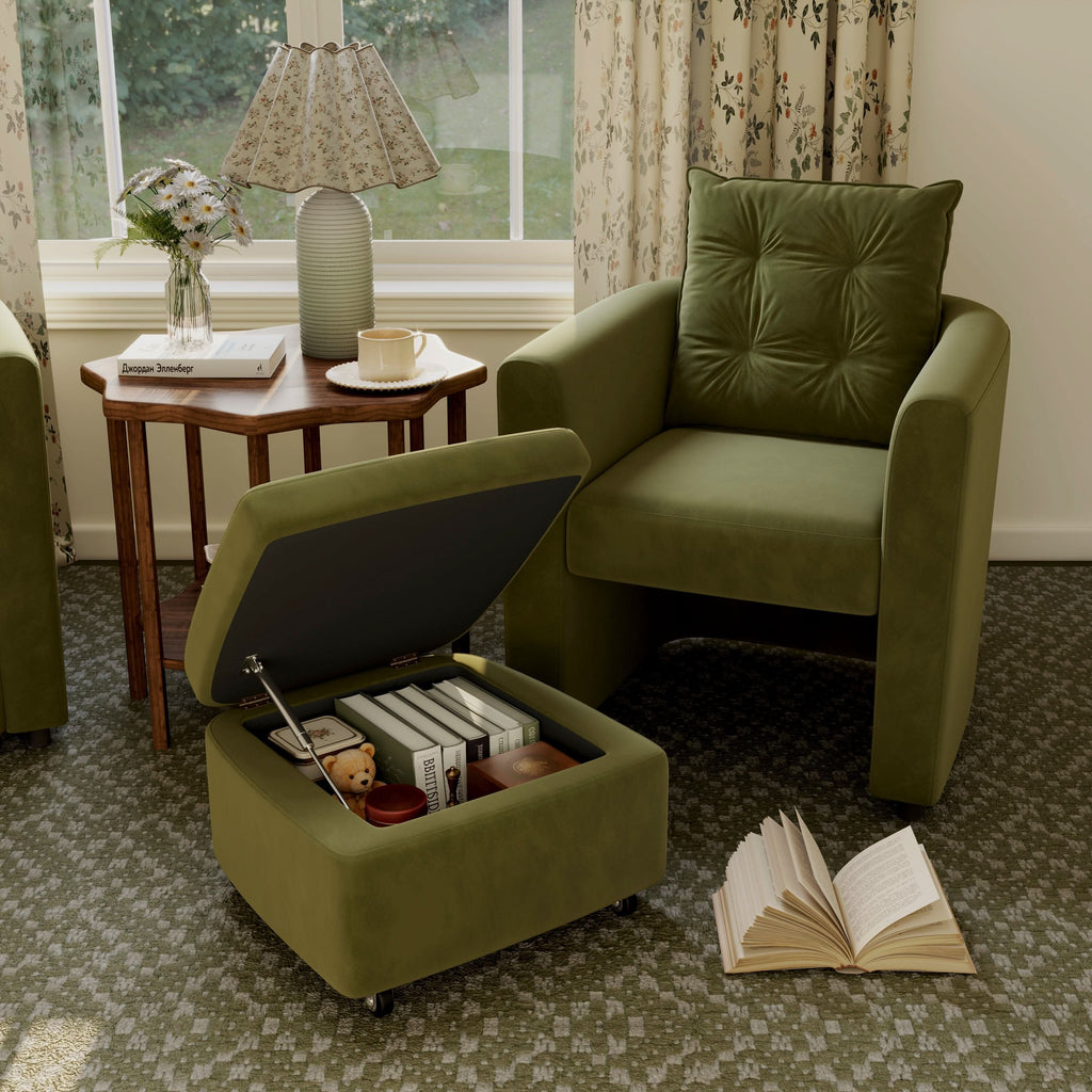 Cottonfy Green Velvet Armchair with Hidden Storage Footstool
