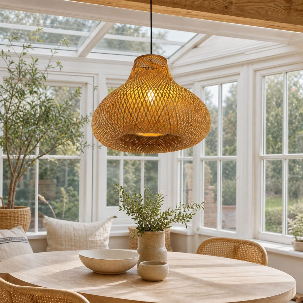 Lightsin Gourd Bamboo Pendant Light – Handwoven Eco-Friendly Ceiling Light for Living Room & Kitchen Decor