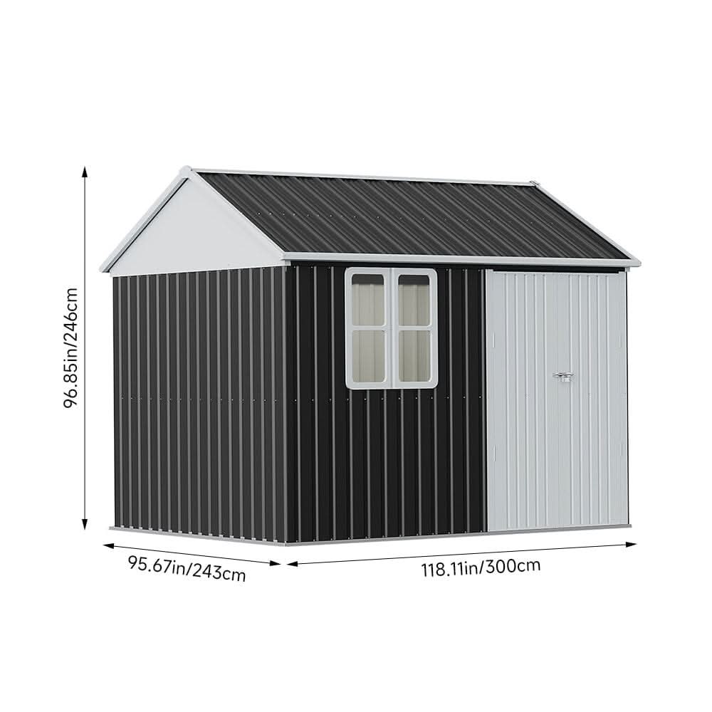 7X4ft/8.5X5.5ft/10x8ft Charcoal Black Storage Shed with Double Doors and Grid Window