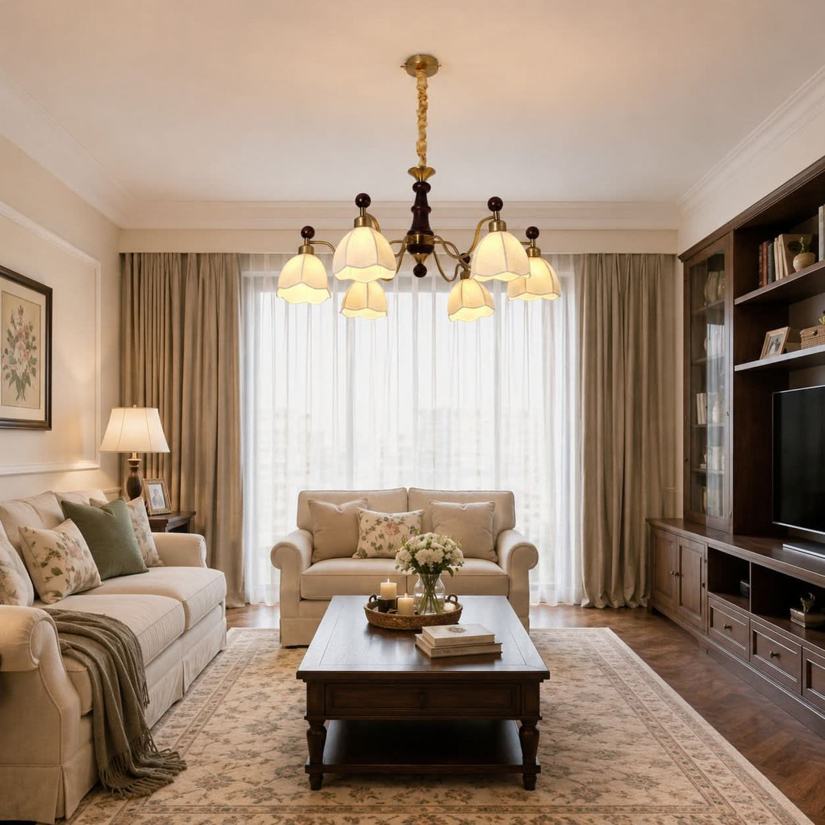 6-Light Yellow Fabric Chandelier | Adjustable E27 Ceiling Lamp