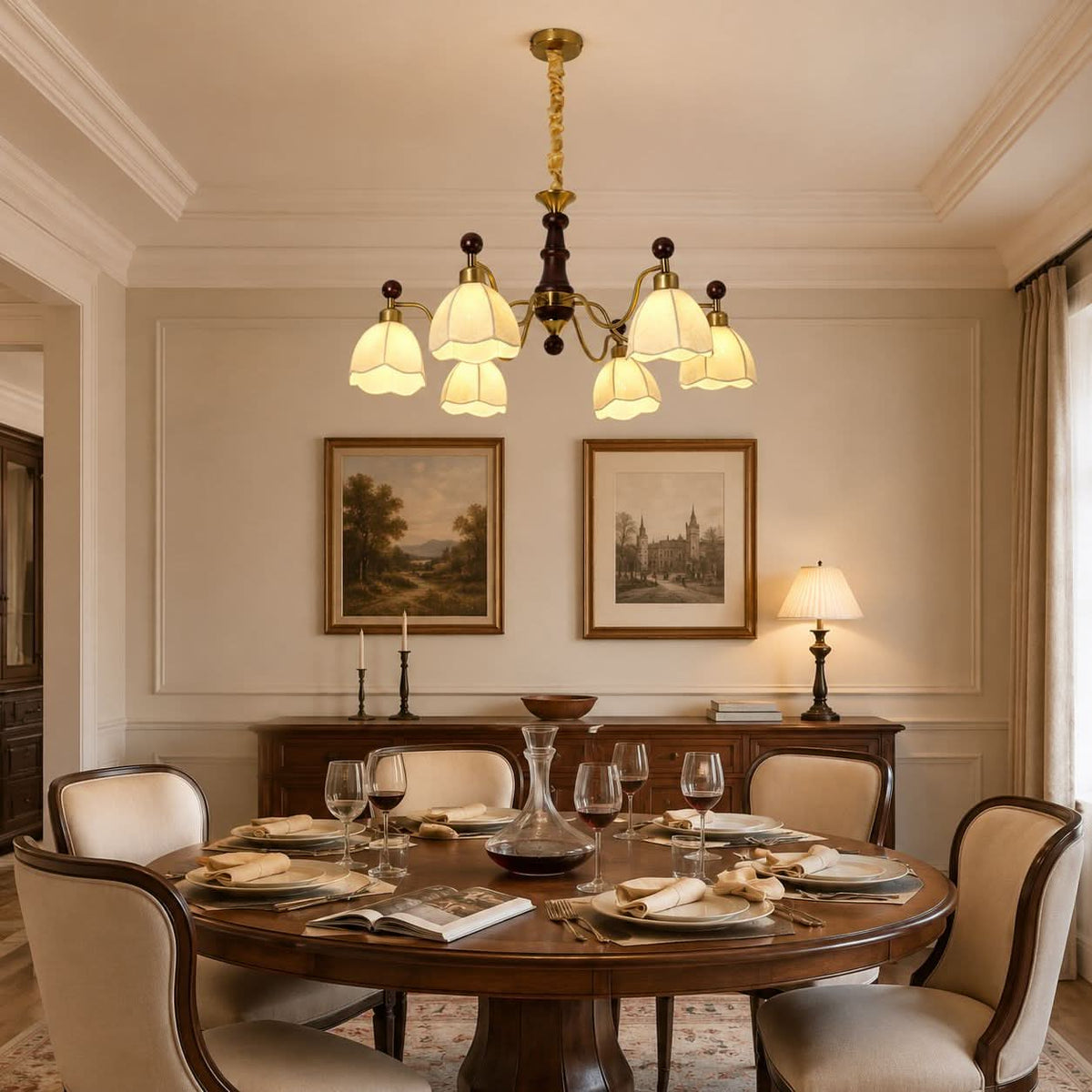 6-Light Yellow Fabric Chandelier | Adjustable E27 Ceiling Lamp