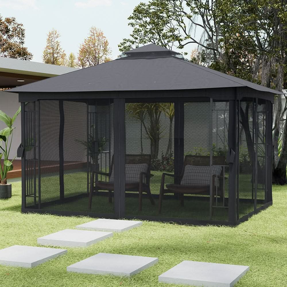 13ft Outdoor Pergola Premium Iron with Sheer Charcoal Gray Screens