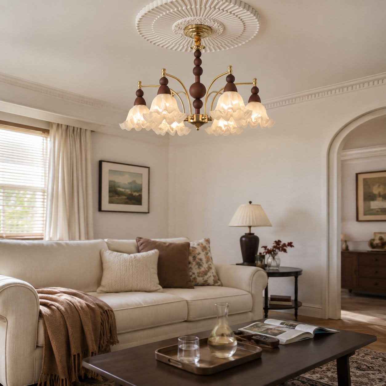 6-Light White Glass Chandelier | Adjustable E27 Ceiling Lamp