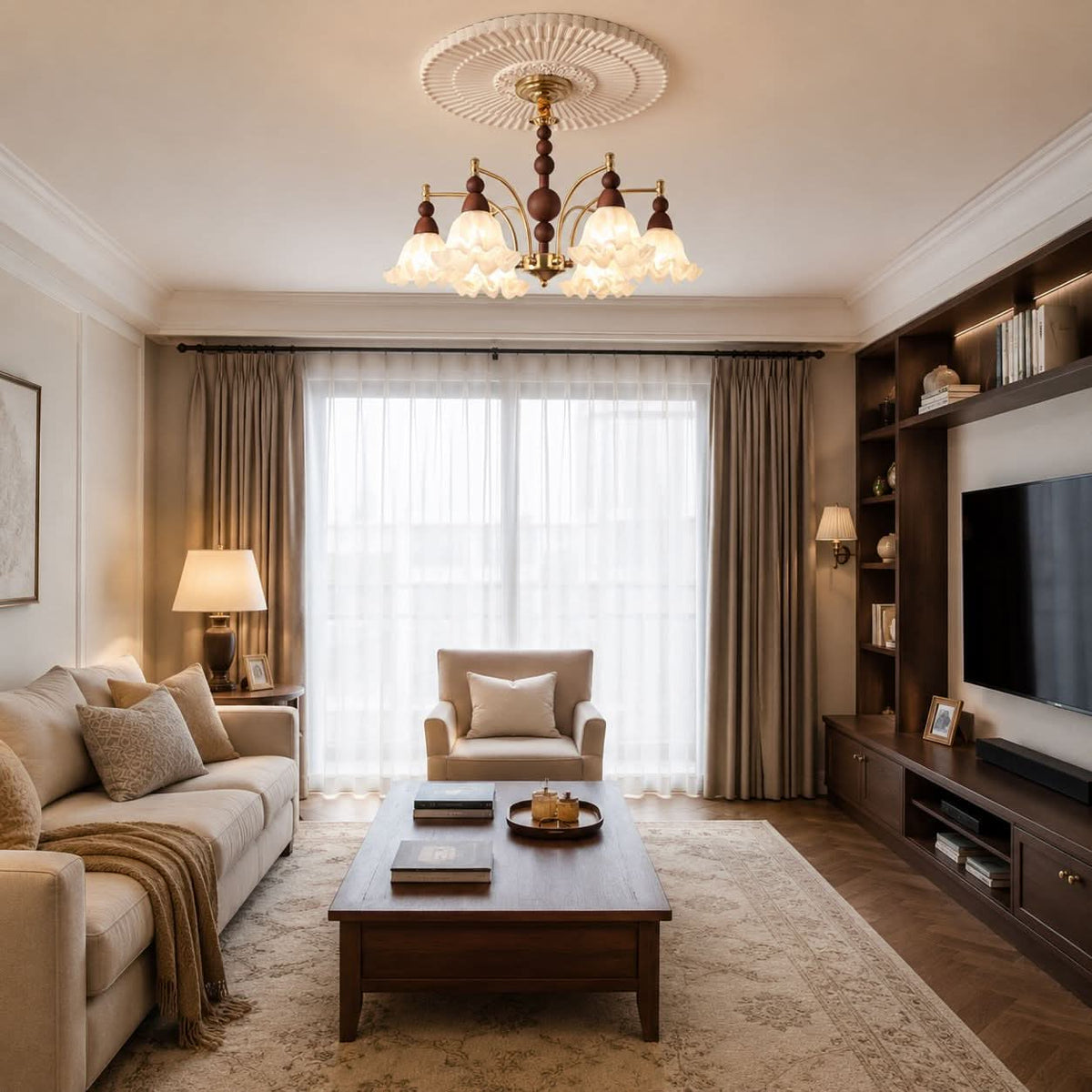 6-Light White Glass Chandelier | Adjustable E27 Ceiling Lamp