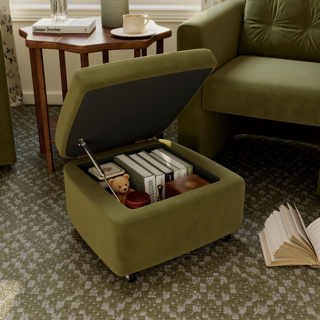 Cottonfy Green Velvet Armchair with Hidden Storage Footstool