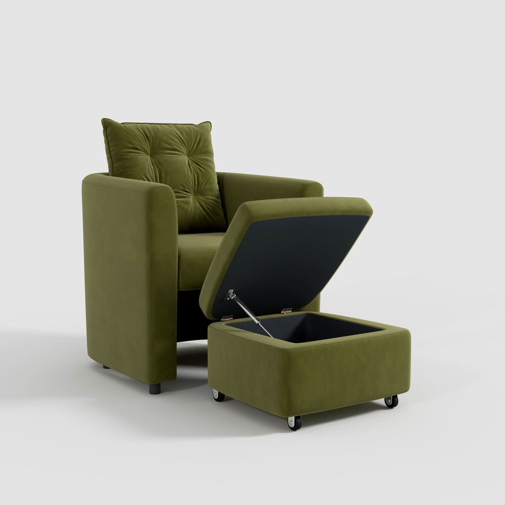 Cottonfy Green Velvet Armchair with Hidden Storage Footstool