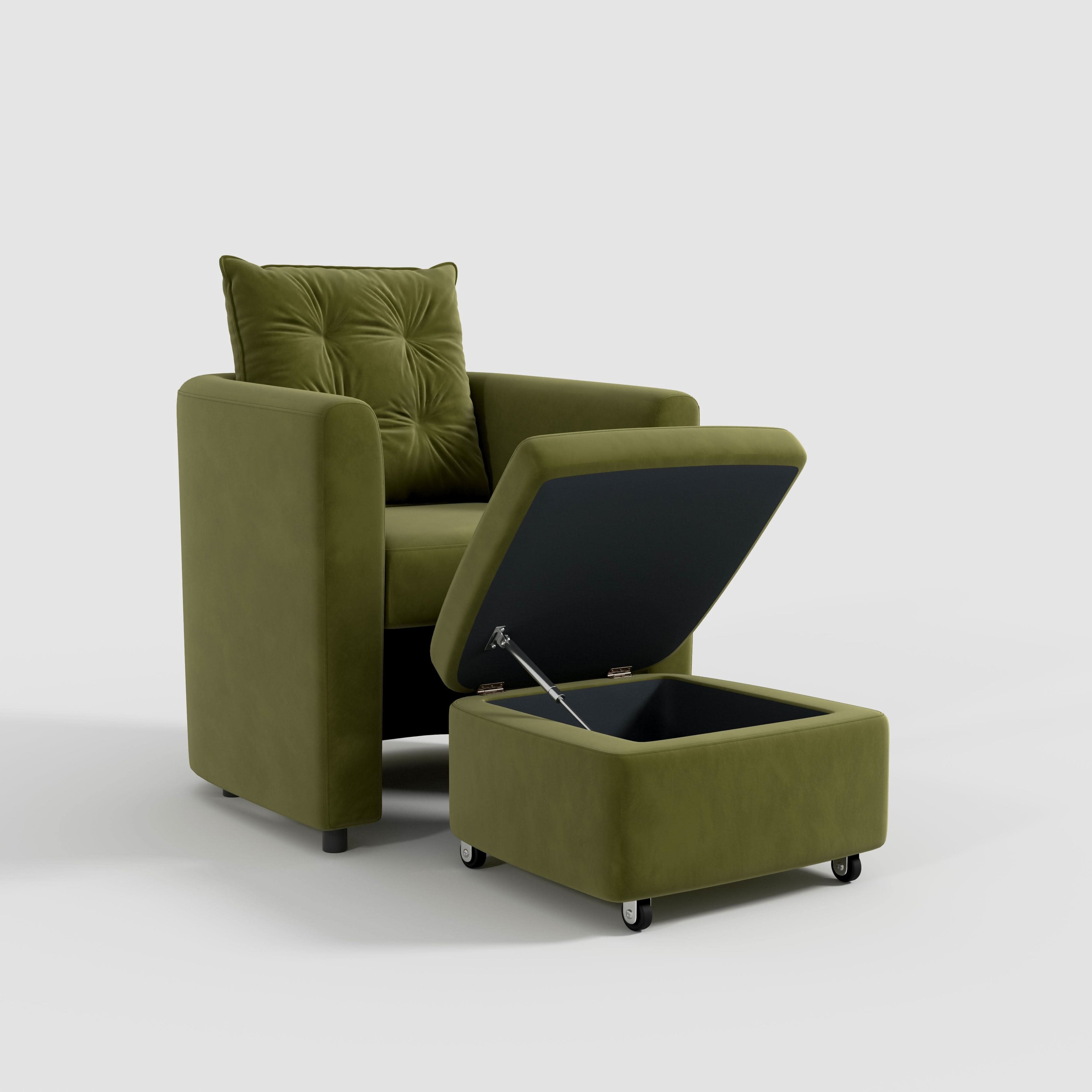 Cottonfy Green Velvet Armchair with Hidden Storage Footstool