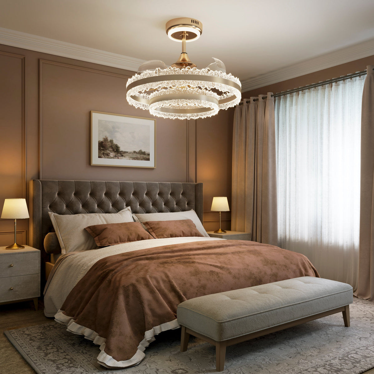 Lightsin Luxury Gold Frame LED Ceiling Fan Light with Retractable Blades