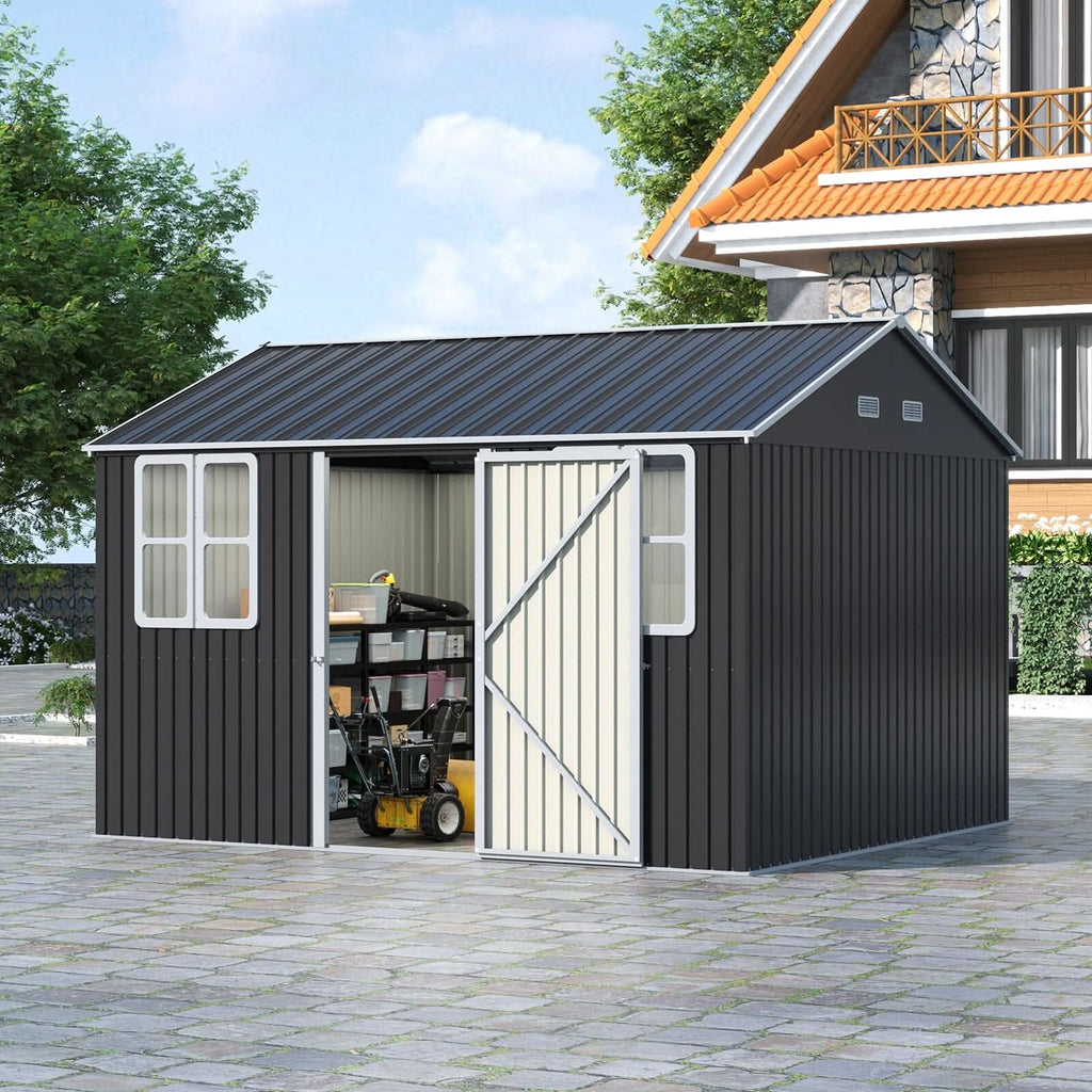 12x10ft / 10x12ft / 10x16ft Charcoal Black Galvanized Steel Storage Shed with Double Lockable Doors & Grid Windows