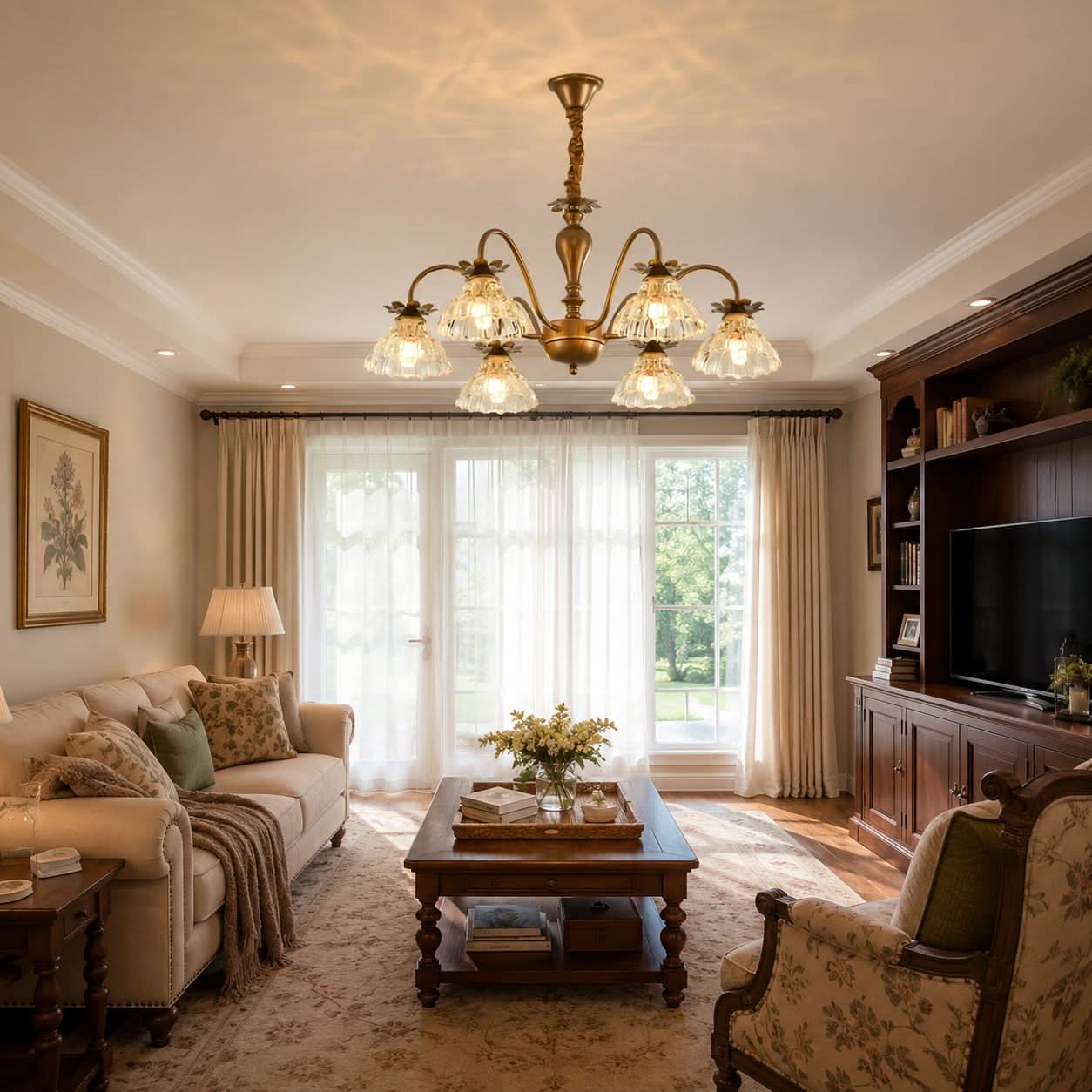 6-Light Gold Vintage Floral Glass Chandelier | E14 Ceiling Lamp