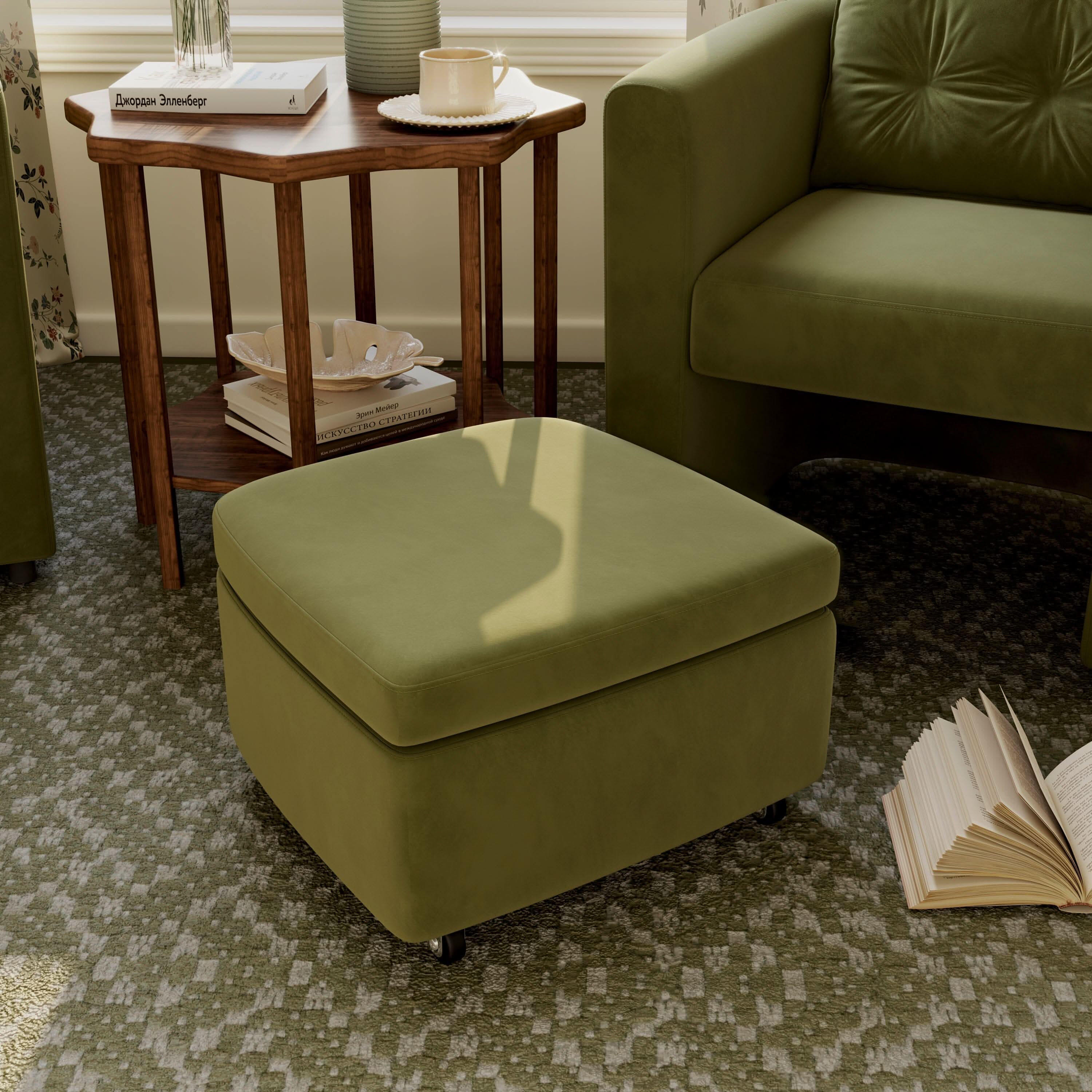 Cottonfy Green Velvet Armchair with Hidden Storage Footstool