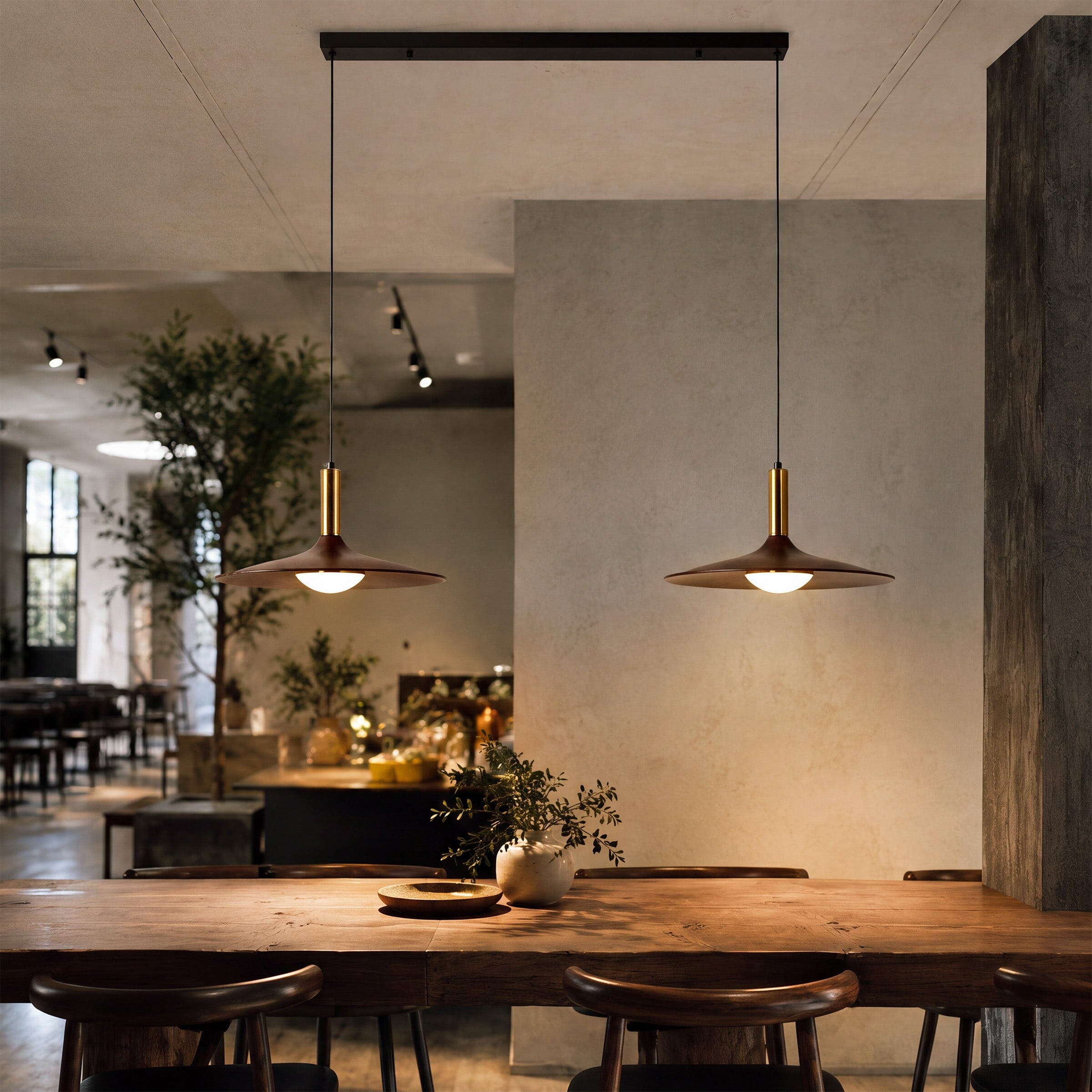 Walnut Double Pendant Light | Linear E27 Ceiling Lamp