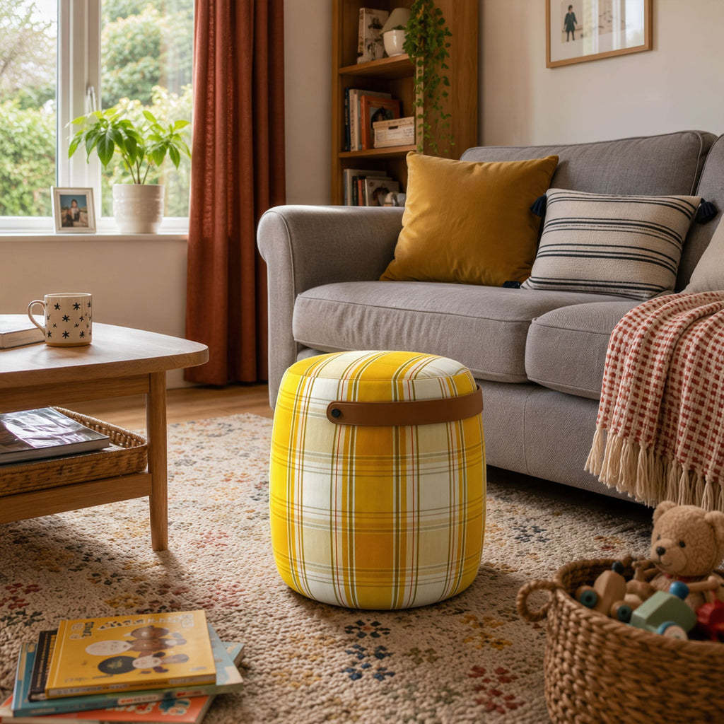 Haven British Check Round Pouffe Footstool with Leather Handle