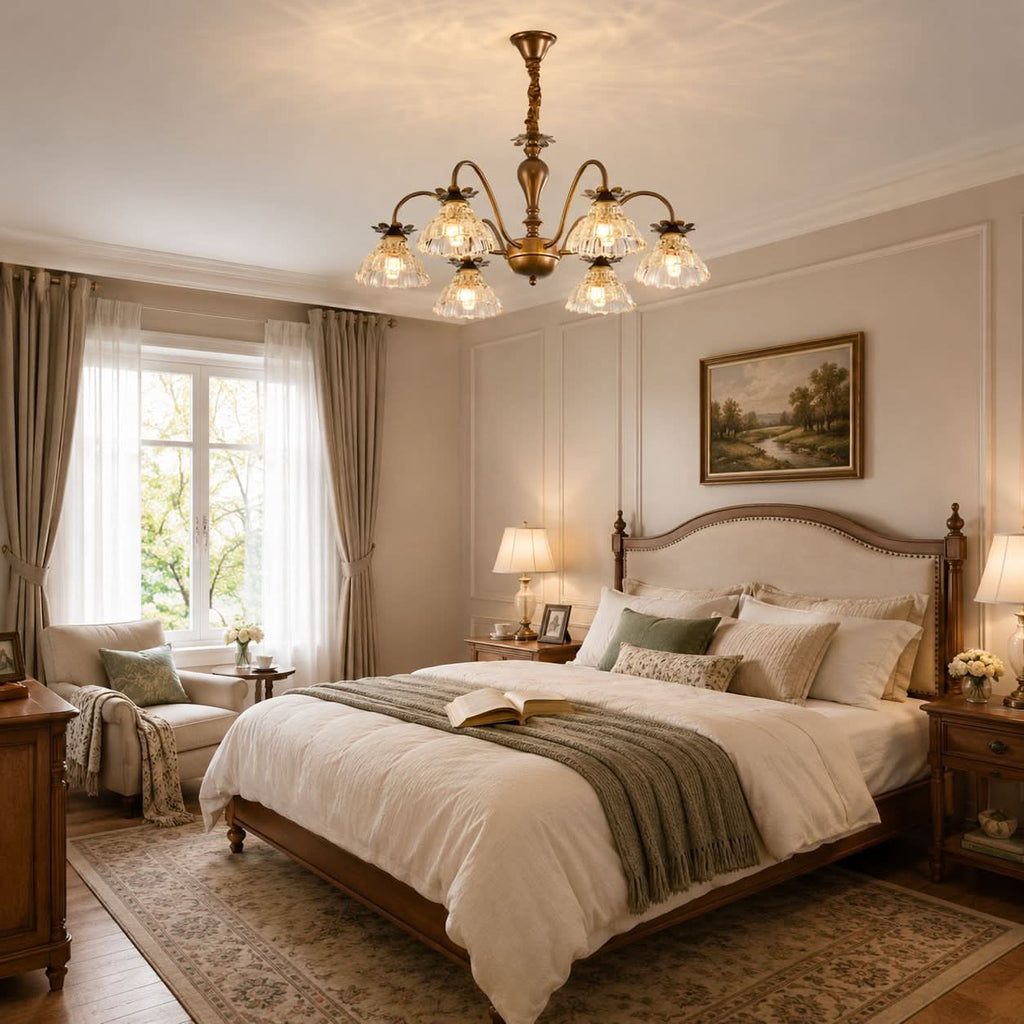 6-Light Gold Vintage Floral Glass Chandelier | E14 Ceiling Lamp