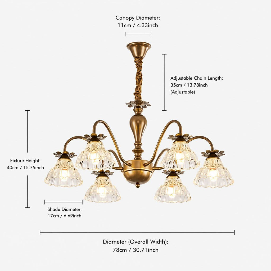6-Light Gold Vintage Floral Glass Chandelier | E14 Ceiling Lamp