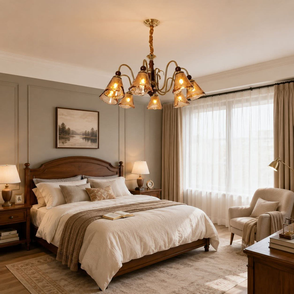 8-Light Walnut Vintage Cut Glass Chandelier | Wood and Iron Ceiling Lamp