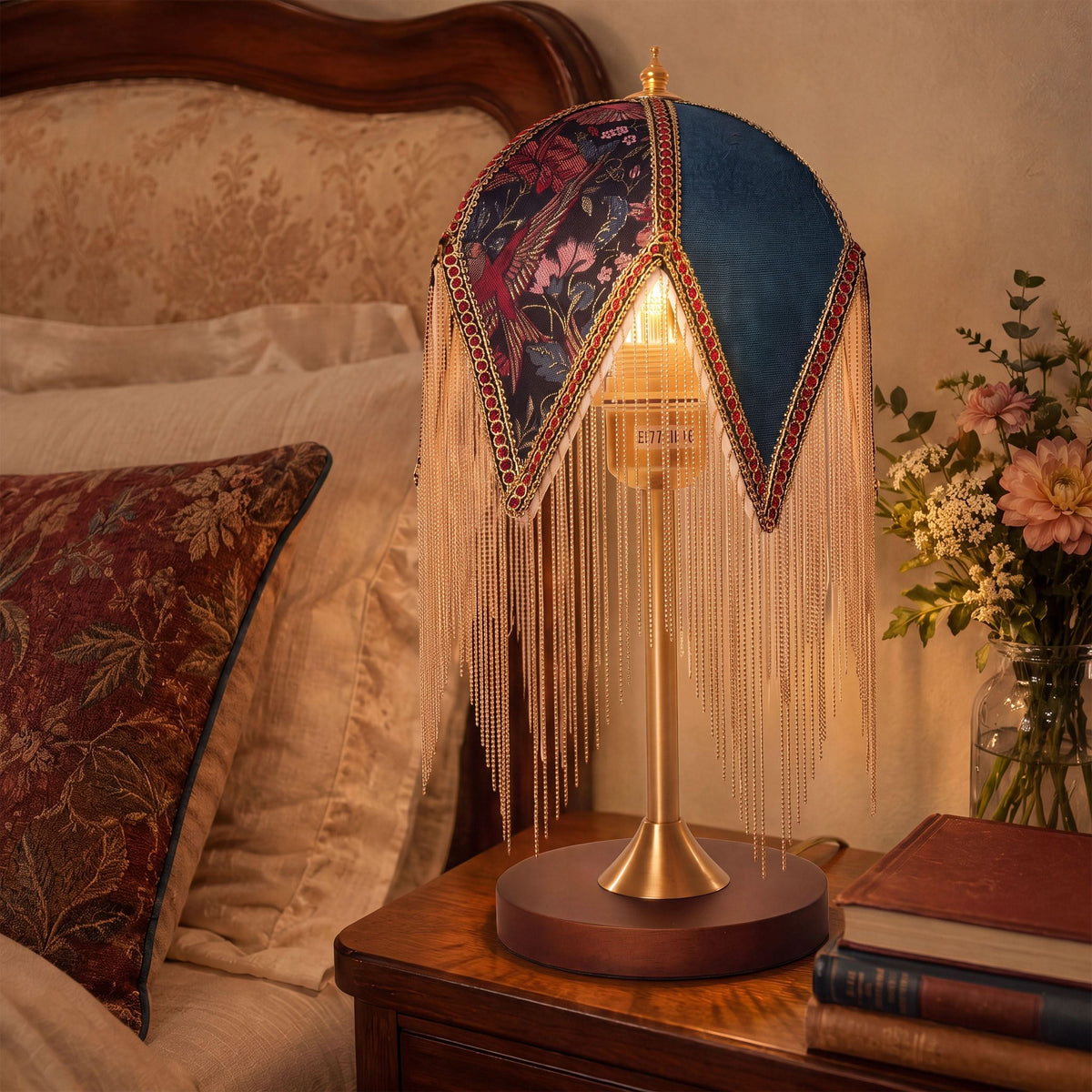 Mid-Century Vintage Tassel Table Lamp | Antique Brass & Fabric Bedside Lamp