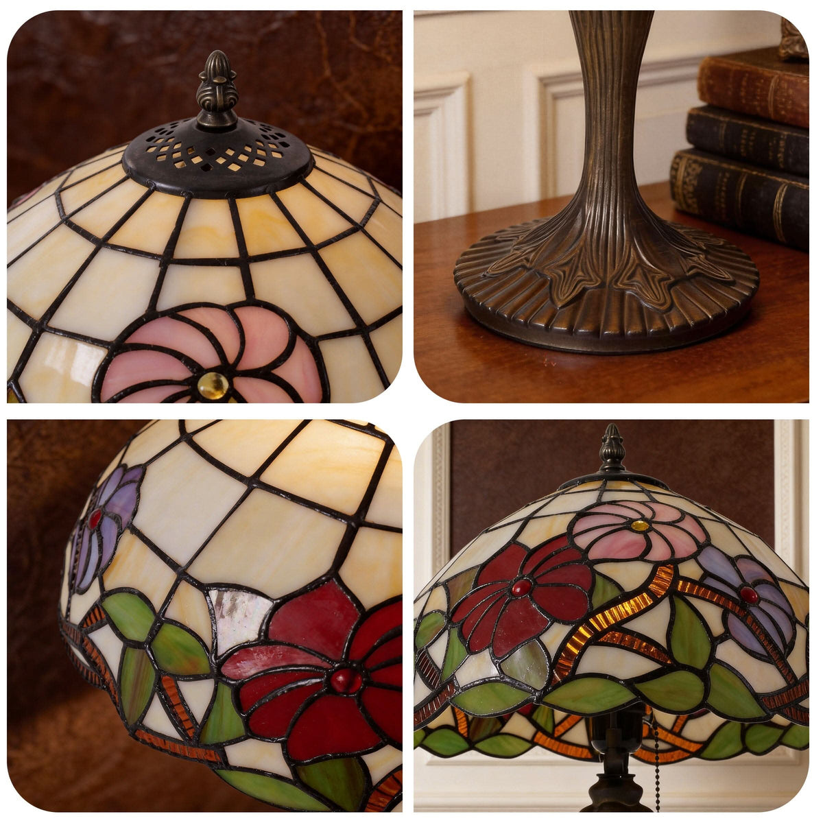 Lightsin Tiffany Table Lamp | Handcrafted Stained Glass Floral Petals Series Red, Pink and Purple