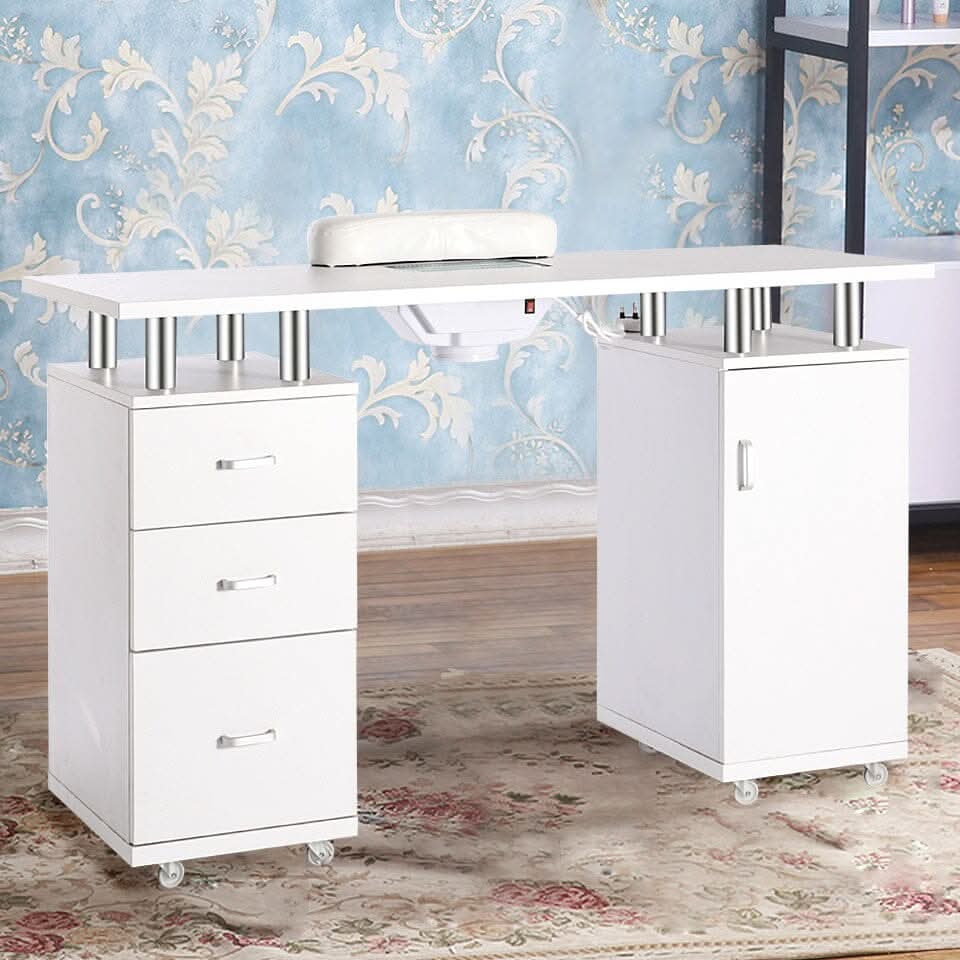 120cm W White Professional Manicure Station Nail Table on Wheels with Dust Collector