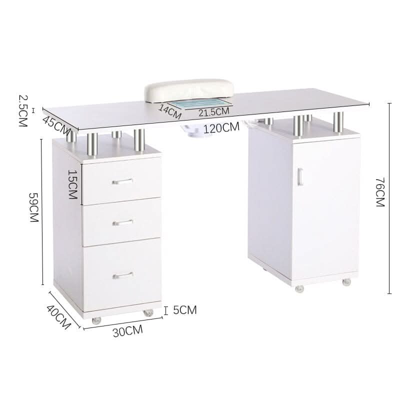 120cm W White Professional Manicure Station Nail Table on Wheels with Dust Collector