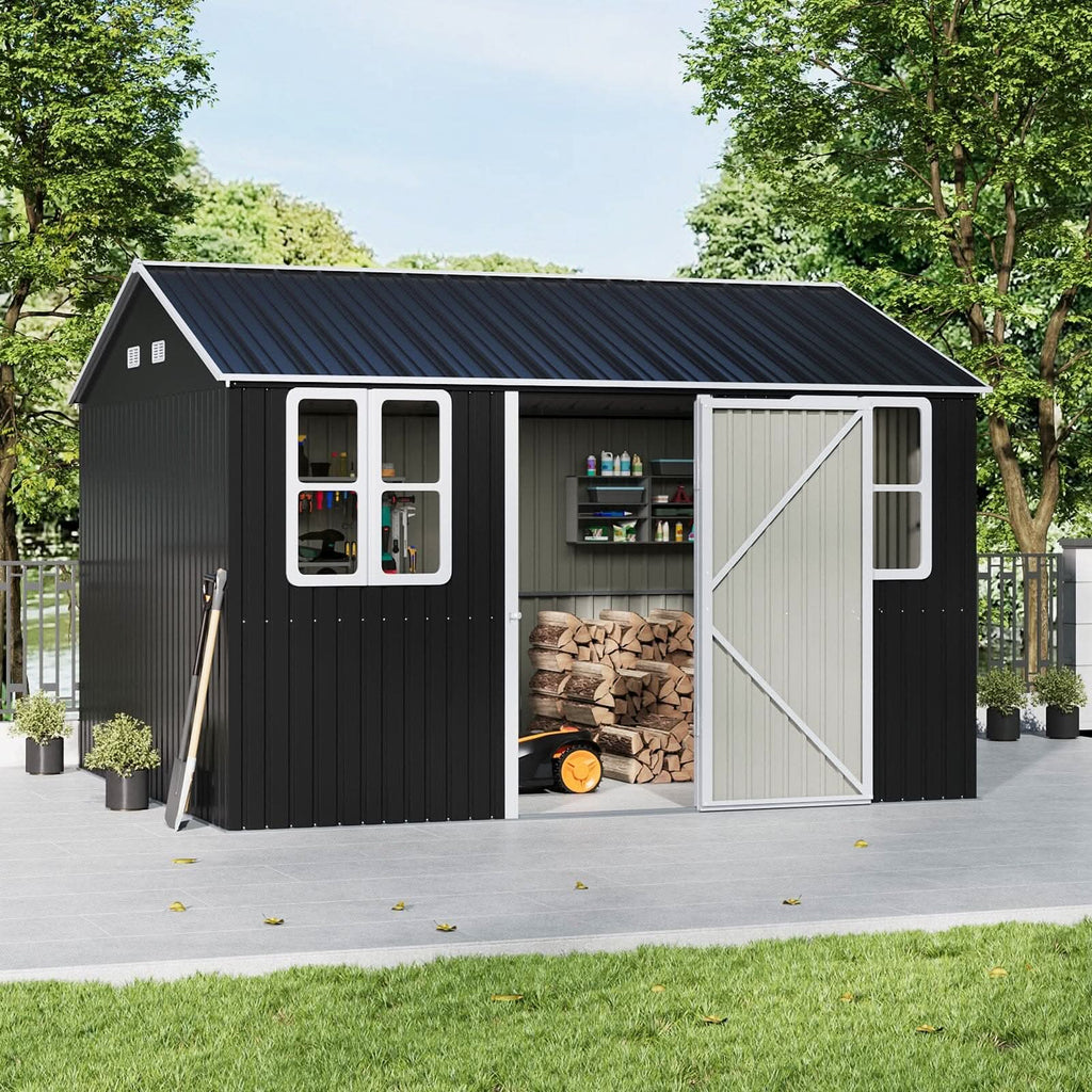 12x10ft / 10x12ft / 10x16ft Charcoal Black Galvanized Steel Storage Shed with Double Lockable Doors & Grid Windows
