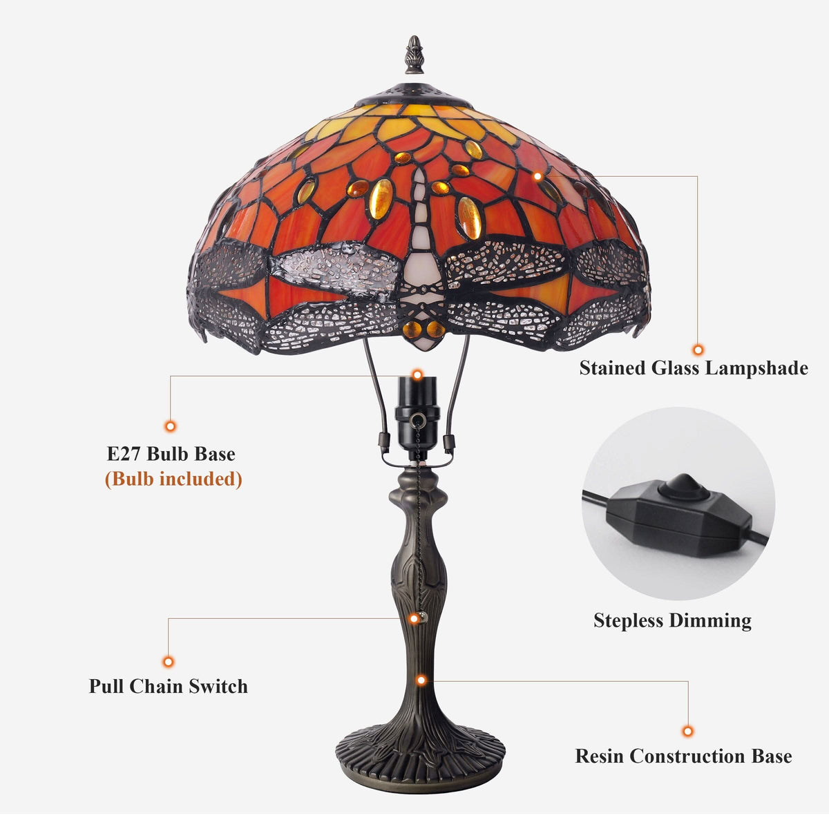 Lightin Tiffany Table Lamp | Handcrafted Stained Glass Dragonfly Series