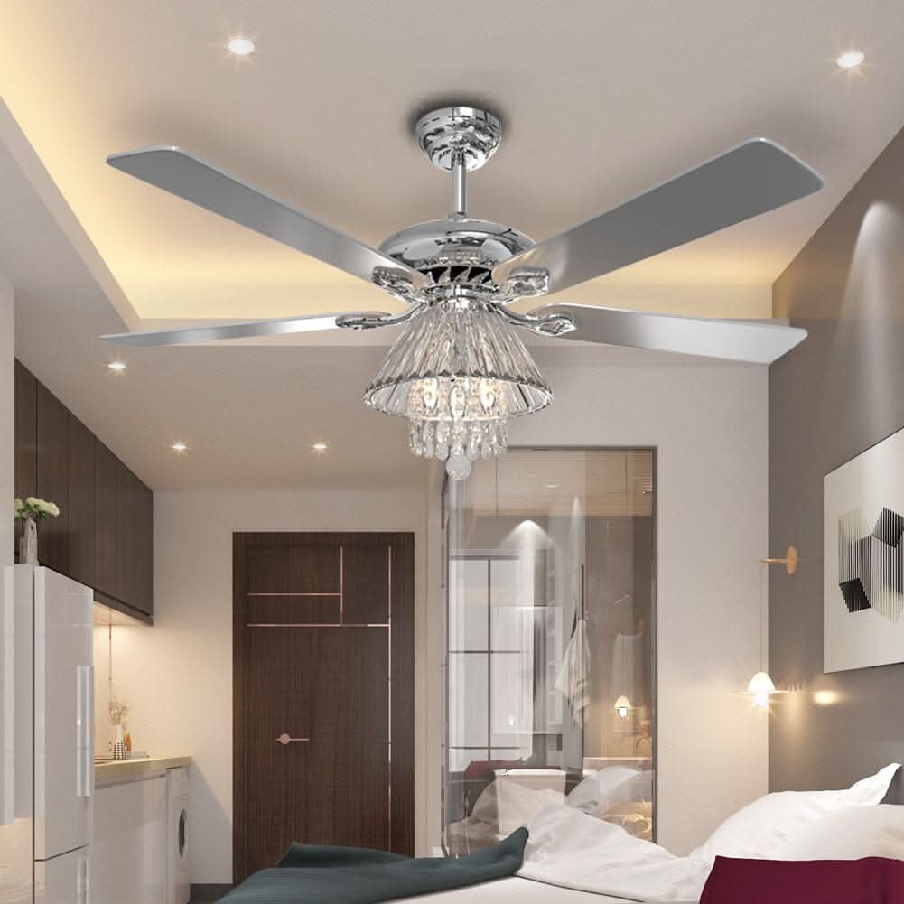 52Inch Silver Ceiling Fan with Light Crystal Droplets Chandelier