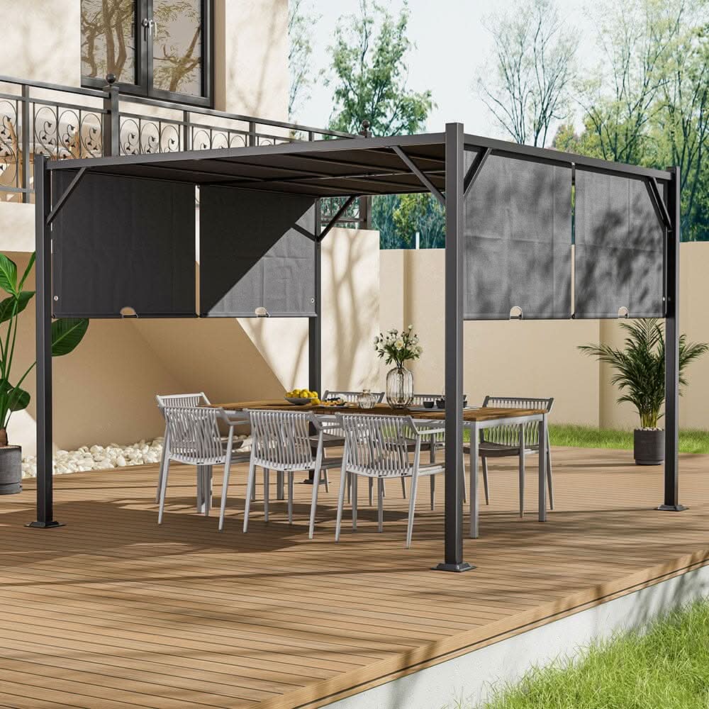 9ft Outdoor Steel Pergola Luxury with Retractable Canopy