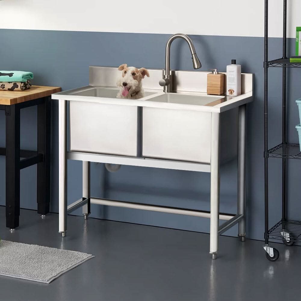 4ft W Stainless Steel Kitchen Commercial Catering Sink with 1/2 Large Compartments