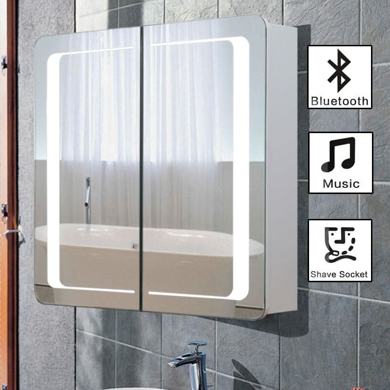 60cm H Double Door Anti-Fog Mirror Cabinet with Bluetooth and LED Light