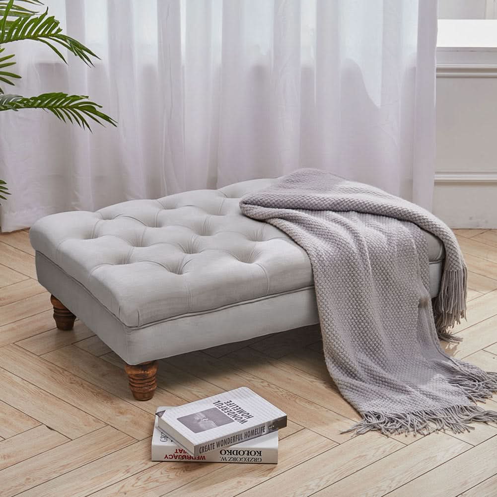 3Ft Footstool Wide Velvet Buttoned Thick Padded