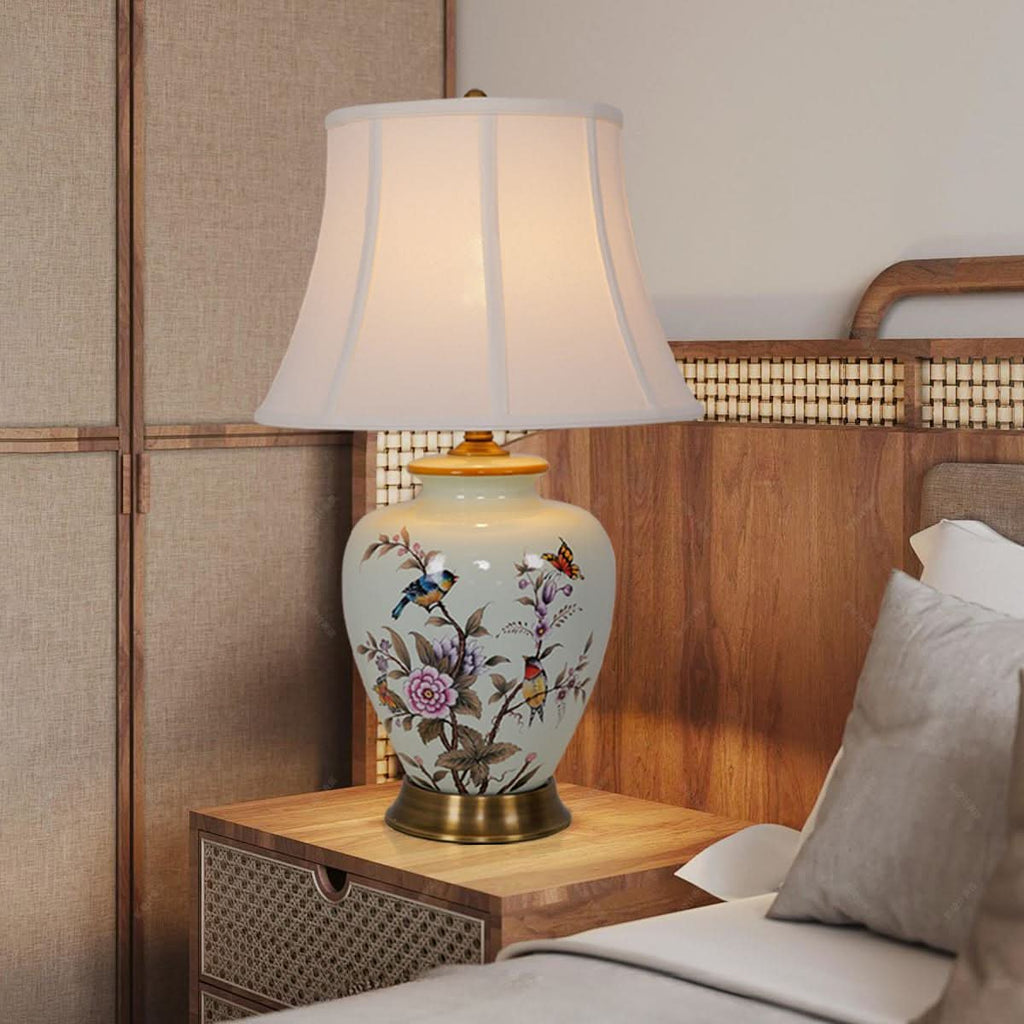 Lightsin Hand-Painted Vintage Ceramic Bird & Floral Table Lamp in Soft Celadon Green