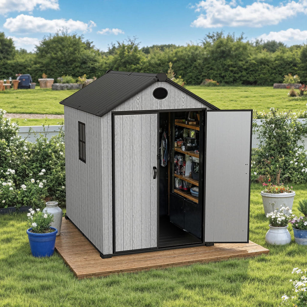 6'x8'ft/8'x8'ft/8'x12'ft/8'x16'ft Gray Wood Grain Plastic Tool Shed