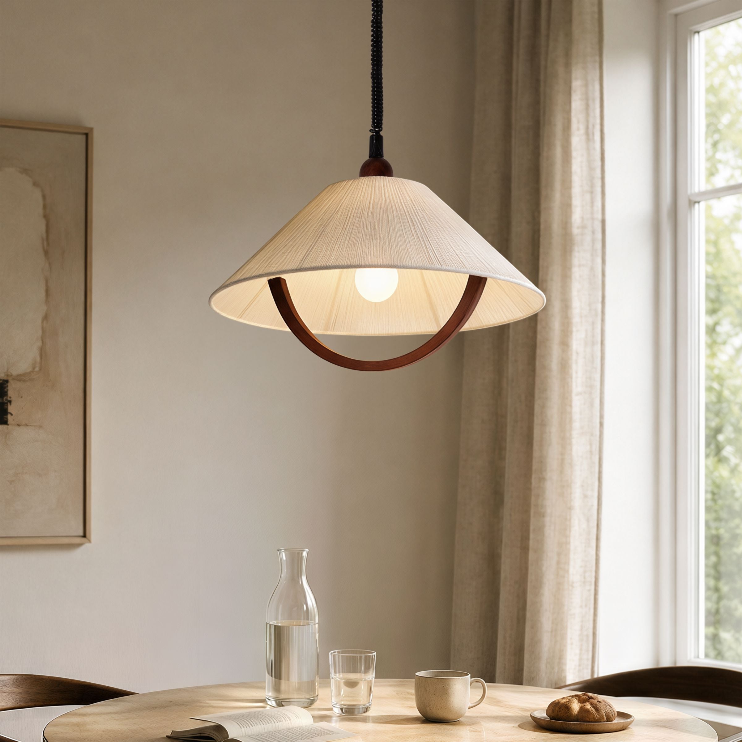 Natural Wood Curved Pendant Light | Cotton Cord Ceiling Lamp