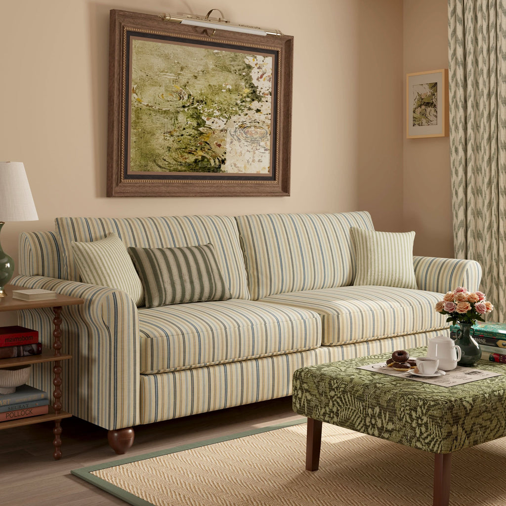 Cottonfy Striped Cotton Linen Blend Rolled Arm Sofa with Soild Wood Bun Feet