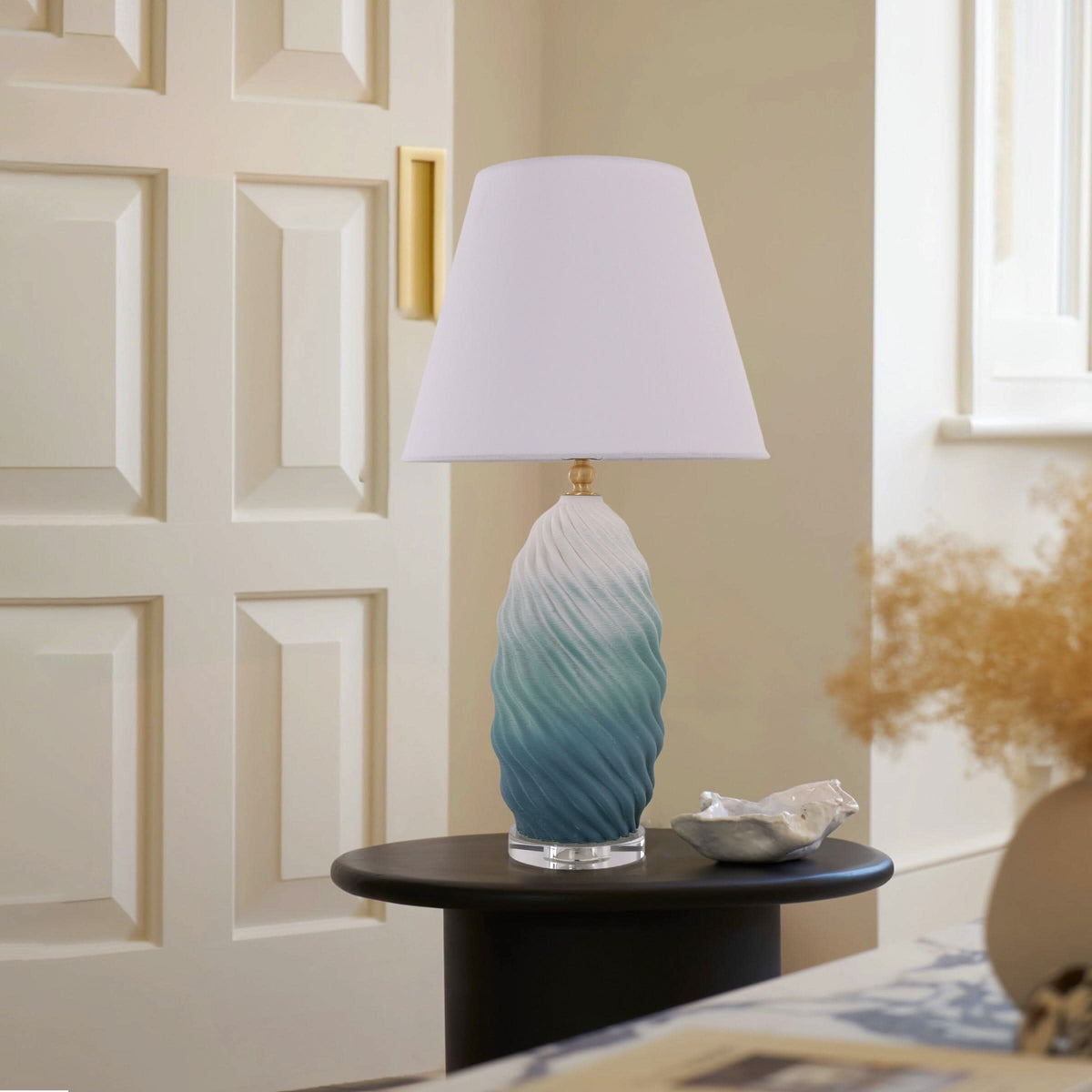 ‍Lightsin 3D Green White Gradient Threaded Ceramic Table Lamp with Fabric Shade (100% off)