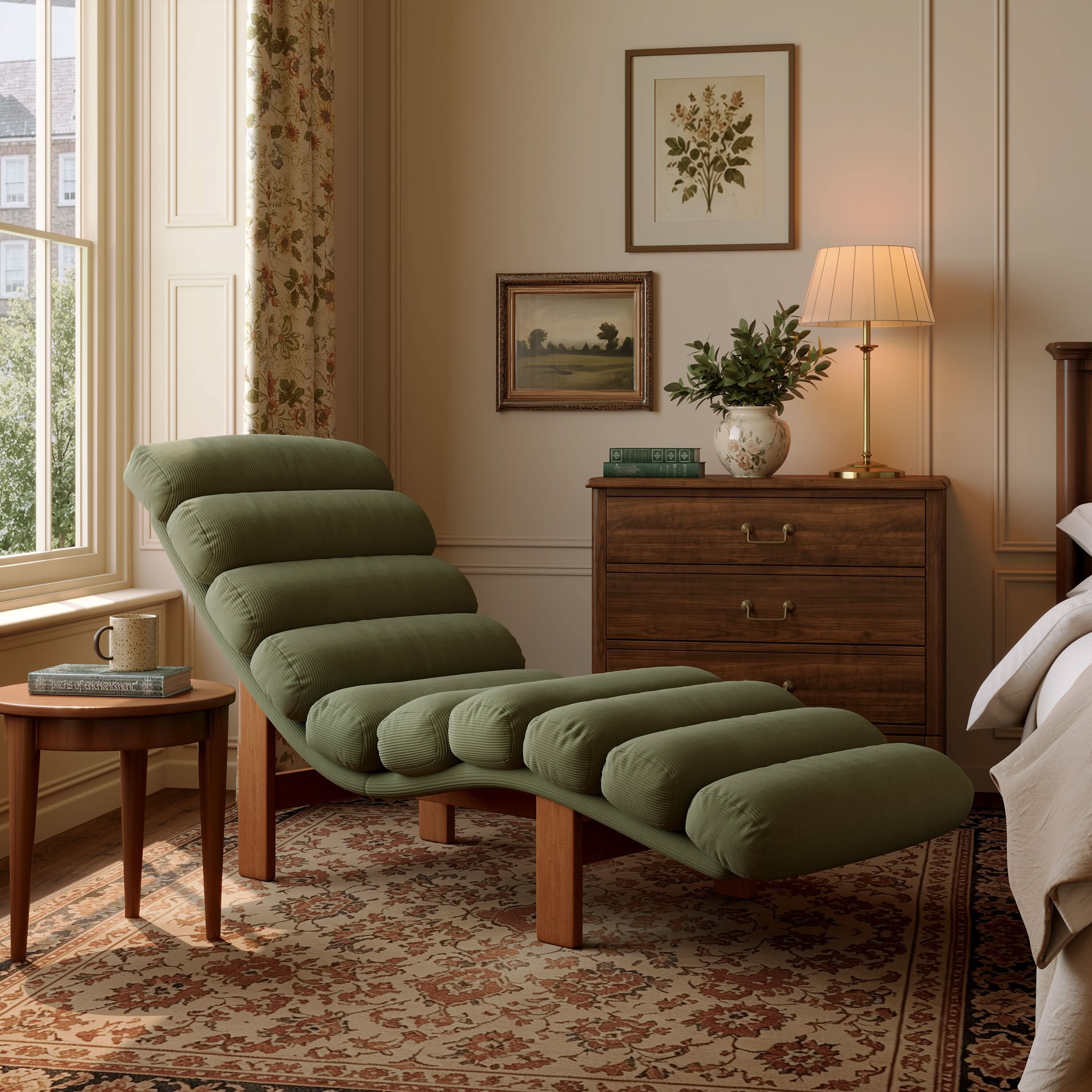 Cottonfy Modern Ergonomic Corduroy Chaise Lounge with Natural Wooden Frame
