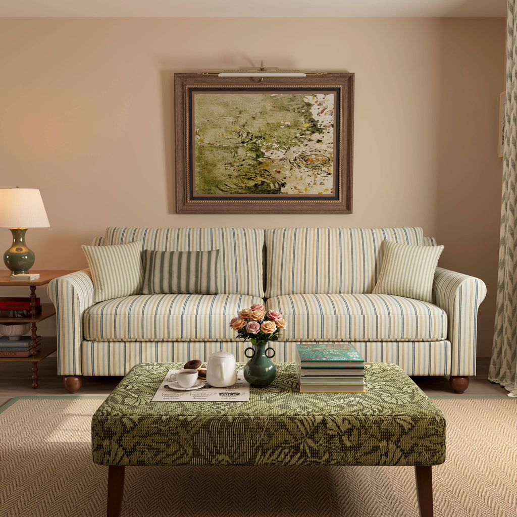 Cottonfy Striped Cotton Linen Blend Rolled Arm Sofa with Soild Wood Bun Feet