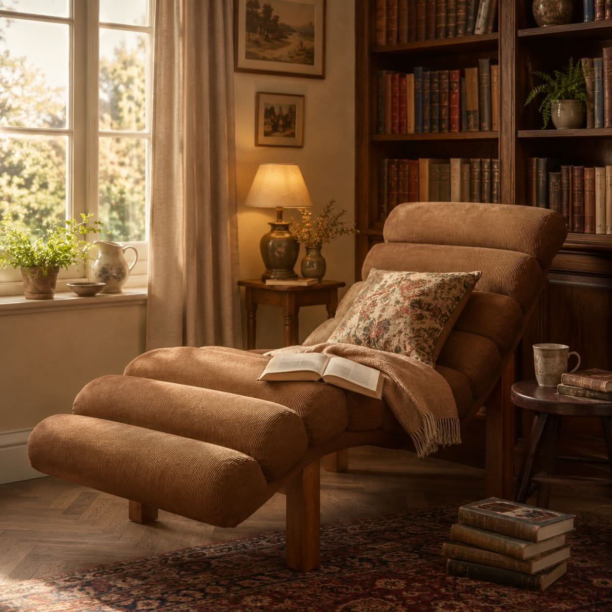 Cottonfy Modern Ergonomic Corduroy Chaise Lounge with Natural Wooden Frame
