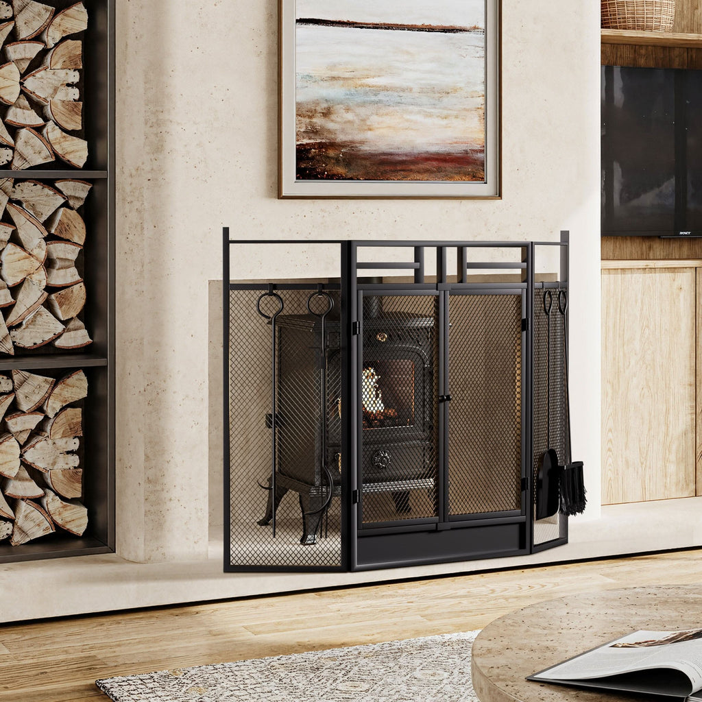 Smallbee Iron Fireplace Screen with 4-Piece Tool Set - Black Powder-Coated 122x1.3x80cm