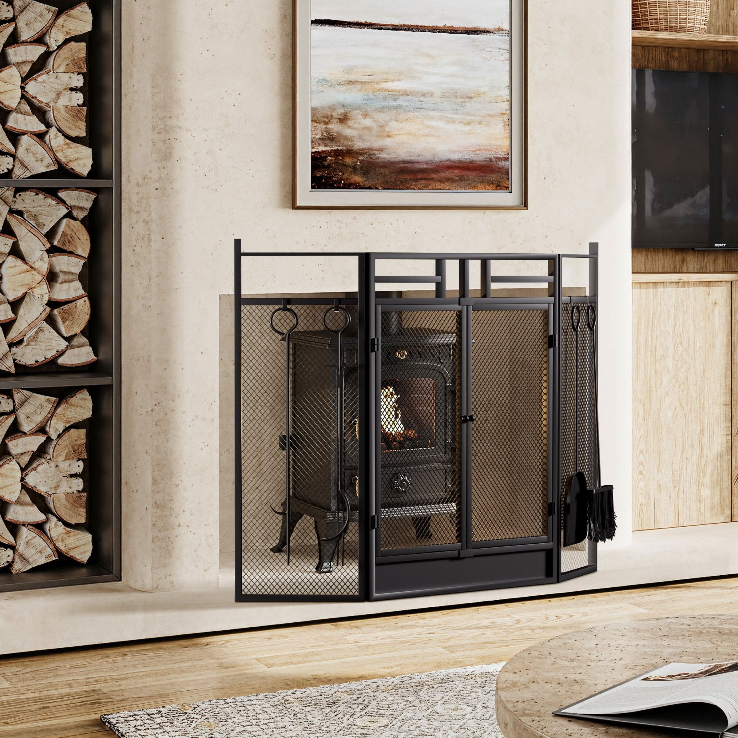 Smallbee Iron Fireplace Screen with 4-Piece Tool Set - Black Powder-Coated 122x1.3x80cm