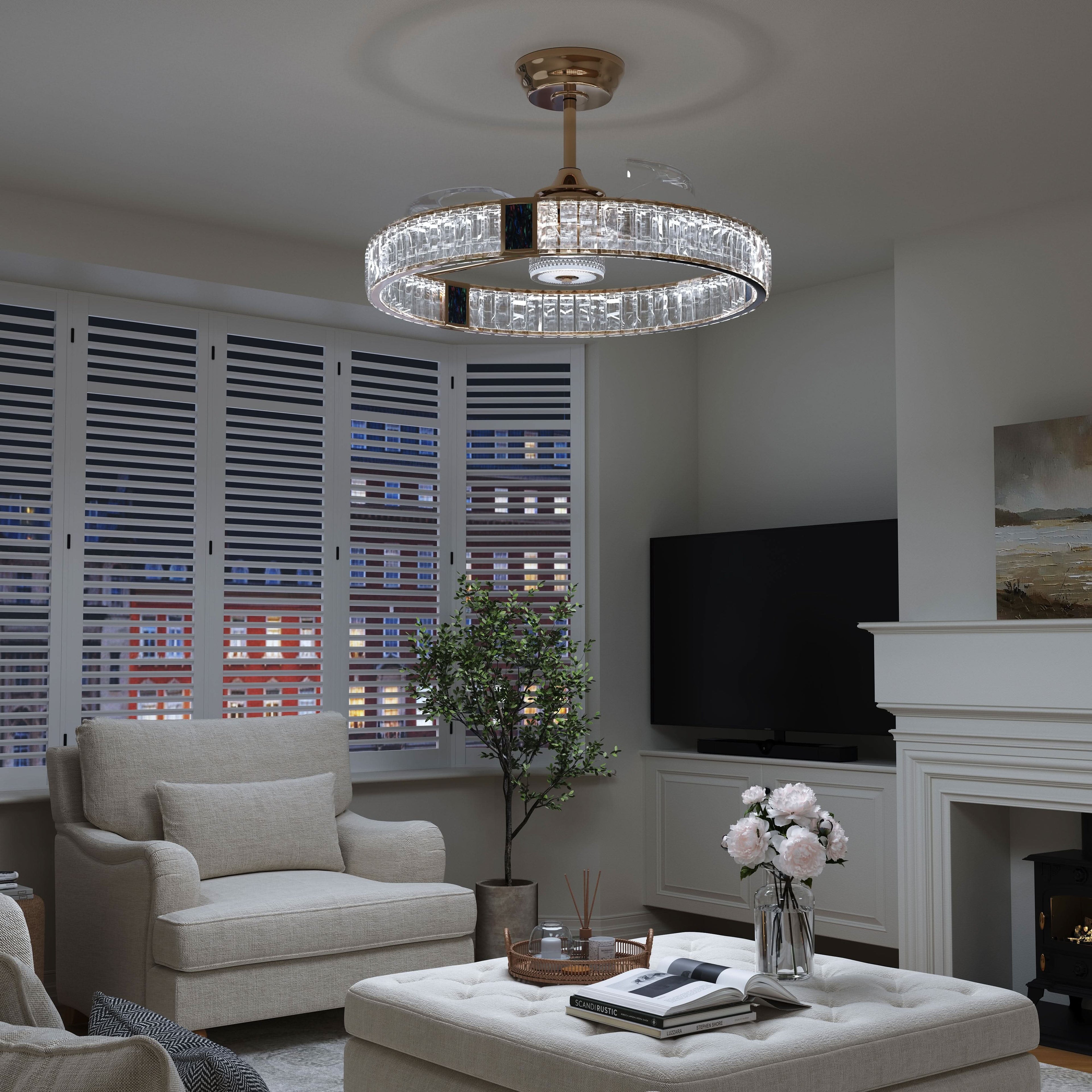 Lightsin 60cm Gold Crystal Ceiling Fan with LED Light, Remote Control & 6 Speeds